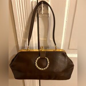 Vintage Retro Faux Leather Kiss Lock Frame Bag Brown Gold Nautical Ring EUC